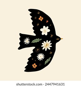 Ornate folk bird trendy cute vector postcard composition, spring holiday botanical elements. Good for cards, flyer, leaflet, product label, social networks and more. Easter or other holiday art