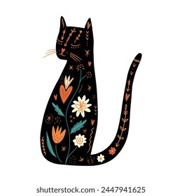 Ornate folk cat patterned boho illustration, spring holiday botanical elements, baby party or other holiday black and cat art