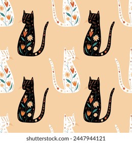 Ornate folk cats boho seamless pattern composition, spring holiday botanical elements, baby party or other holiday black and white cat art