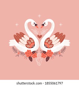 Ornate Folk Floral Boho Swan bird couple symmetrical vector illustration for romantic  Valentine’s Day design
