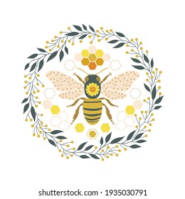 Ornate folksy floral bee in botanical wreath vector illustration isolated on white background. Decorative boho folk art honeybee insect symmetrical poster design. 