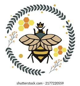 Ornate folksy floral bee in botanical wreath vector illustration isolated on white background. Decorative boho folk art honeybee insect symmetrical poster design.