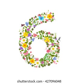ornate font consisting of the spring flowers and flying hummingbirds. floral number six