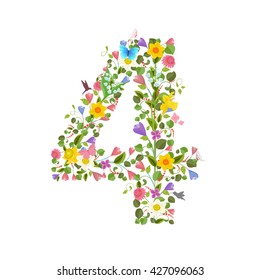 ornate font consisting of the spring flowers and flying hummingbirds. floral number four