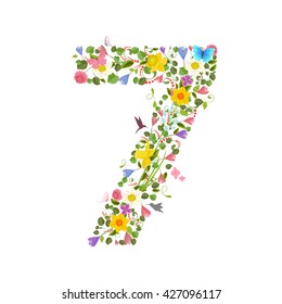 ornate font consisting of the spring flowers and flying hummingbirds. floral number seven