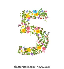 ornate font consisting of the spring flowers and flying hummingbirds. floral number five