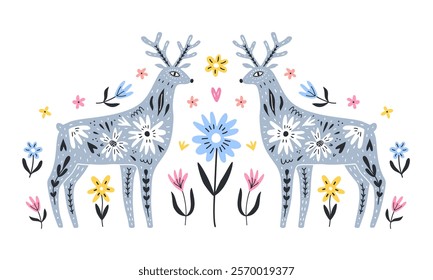 Animales de bosque adornados con diseño de patrón floral en el fondo de la flor. Composición simétrica de dos renos de estilo boho. EPS 10 Vector ilustración dibujada a mano. 