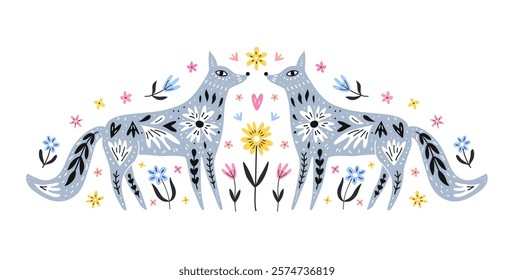 Ornate forest foxes with floral pattern design on the flower background. Nordic style animals symmetrical composition. EPS 10 vector hand-drawn illustration. 