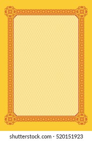 Ornate frame and background. Interlaced lines, golden and red colors. A4 page proportions.