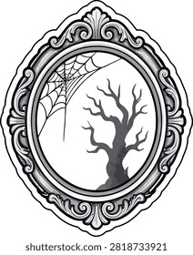 Ornate Frame with Bare Tree and Spiderweb Black and White Vector Illustration