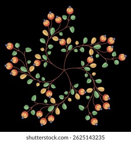 Ornate frame with blooming branches. Folk style. Beautiful ornament with ripe red berries and green leaves on black background.