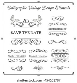 Ornate frame elements. Vintage and filigree decoration. Ornament frames and scroll swirls element. Filigree divider wedding Invitation. Calligraphic curl and swirly line.