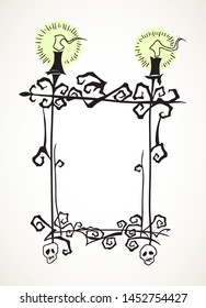 Ornate frame with glowing candles. Hand drawn Halloween celebration design element symbol. Vector illustration in black isolated over white.
