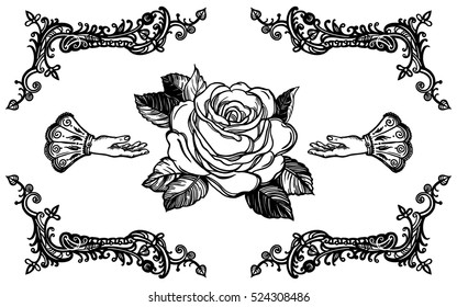Ornate frame with hand drawn elegant vintage rose flower. Isolated vector illustration. Victorian motif, tattoo design element. Bouquet concept art.
