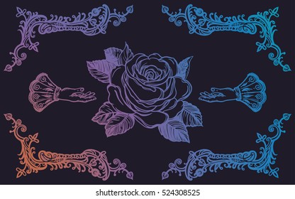 Ornate frame with hand drawn elegant vintage rose flower. Isolated vector illustration. Victorian motif, tattoo design element. Bouquet concept art.

