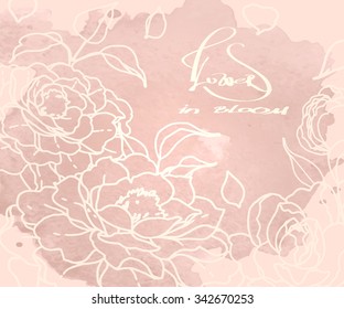 Ornate frame hand drawn flower with lettering on a vintage background. Peonies. Outline vector illustration. Design for coloring book page for adults and kids.
