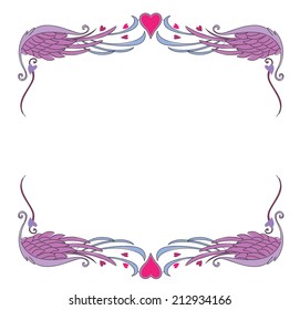Ornate frame with hearts and wings. VEctor illustration.