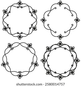 Ornate frame icons. Curly border shape. Black swirl design. Vector circular emblem.