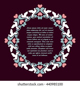 Ornate frame with pigeons on the dark red background. Vector illustration