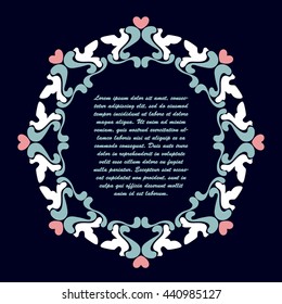 Ornate frame with pigeons on the dark blue background. Vector illustration