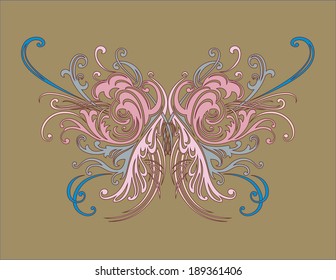Ornate frame and scroll design elements.  Pink and blue color palette on a tan background.