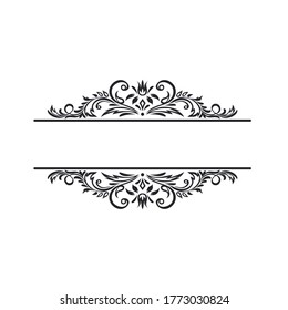 Ornate frame, scroll element. Label and vintage page or sample text.