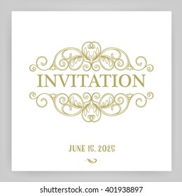 Ornate frame and scroll elements. Label and vintage page decoration. Gold ornament for wedding invitations and greeting cards. Vector frame in Victorian style.