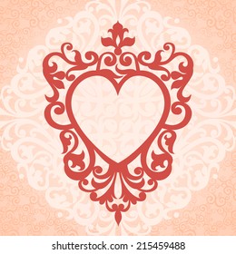 Ornate frame in the shape of heart on pink background. Vector Victorian border. Element for design. Ornamental lace pattern for wedding invitations and greeting cards. Traditional floral decor.