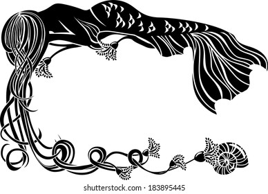 Ornate frame, sleeping mermaid in the Art Nouveau style black stencil