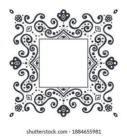 Ornate frame of swirling lines, circles and other geometric form.