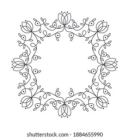 Ornate frame of swirling lines, circles, dots and silhouettes of flower buds.