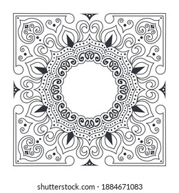 Ornate frame of swirling lines with circles or dots. Heart flower bud silhouettes.	