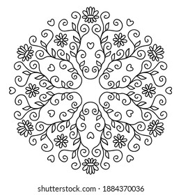 Ornate frame of swirling lines, leaves and hearts. Print for the cover of the book, postcards, t-shirts. Illustration for rugs.