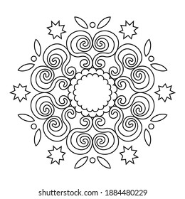 Ornate frame of swirling lines, stars and vegetation. Print for the cover of the book, postcards, t-shirts. Illustration for rugs. Decorative divider.