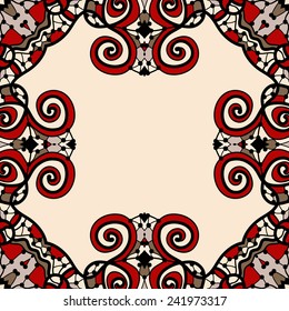 Ornate frame for text in red and light brown color. Art vintage decorative elements. Hand drawn tribal style yantra. Flayer template oriental style motif.