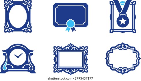 Ornate frames certificates medals clocks for decorative design vintage style awards and timekeeping.