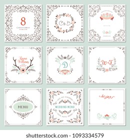 Ornate frames design and rustic wedding elements set. Flourish card templates. Vector illustration.