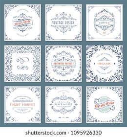 Ornate frames design and scroll elements set. Flourish cards and labels templates. Vector illustration.