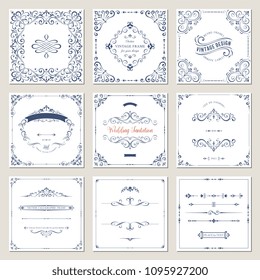 Ornate frames design and scroll elements set. Flourish cards and labels templates. Vector illustration.