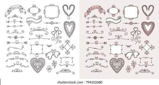 Ornate frames and hearts elements. Black and white and colorful version set.