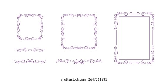 Ornate frames and matching text dividers with bow ribbons. Elegant fully editable vignettes