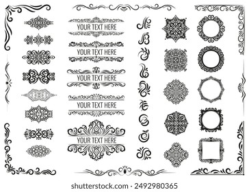 Ornate frames and scroll elements. Classic calligraphy swirls, swashes, ethnic motifs for greeting cards, wedding invitations, restaurant menu, royal certificates and graphic design