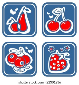 Ornate fruits and berries on a blue background with butterflies.