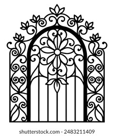 Ornate Garden Gate with Floral Designs Line Art