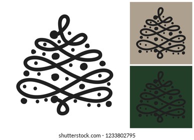 Ornate garland tree. Hand drawn retro flat art. Design kit with 3 pair color combinations for Christmas and Happy New Year celebration. Clip-art icon for Xmas branding, t-shirt print, promo ads