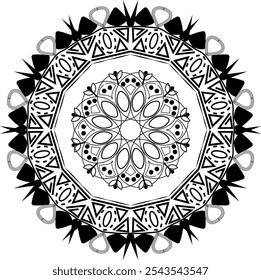 Diseño geométrico ornamentado del mandala para colorear las páginas, arte de la meditación, Inspiración del tatuaje, decoración casera, y decoración espiritual, coloración de la atención plena,
 Terapia de relajación, arte decorativo