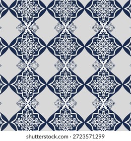 Patrón geométrico adornado con motivos florales en azul y blanco, creando un diseño de repetición sin fisuras
