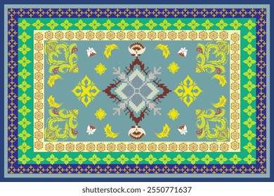 Ornate geometric pattern featuring yellow floral designs, blue background, intricate borders, butterflies, and symmetrical pixel-style motifs for an elegant traditional look