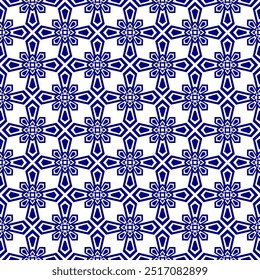 Ornate geometric seamless pattern. Navy blue color on white background. Geometric ornament. Tileable texture