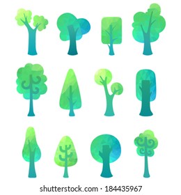 Ornate geometric trees. Twelve various trees isolated on white background. Eco friendly design.
